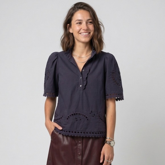 Sea New York Santos Eyelet Blouse Navy Blue Ruffle Puff Sleeve Cotton Top Small - Picture 8 of 8